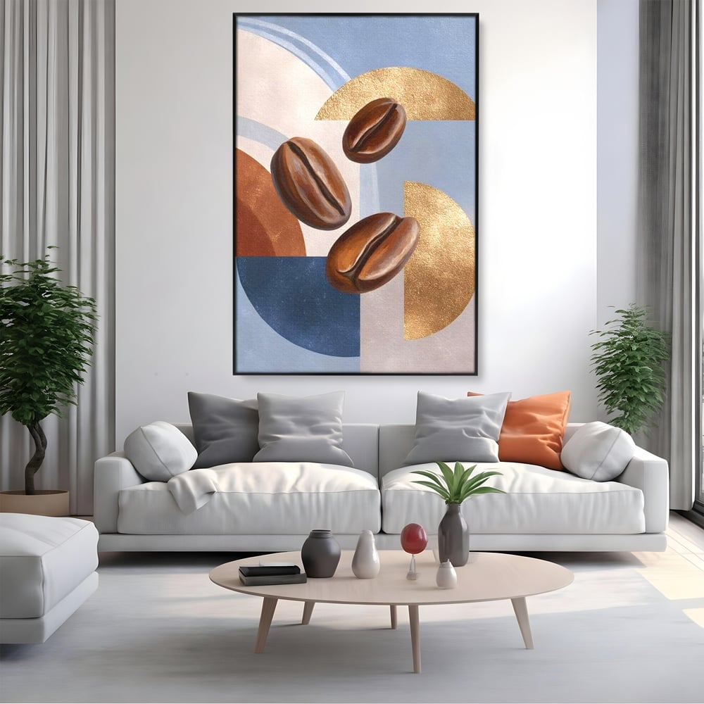 Tablou canvas cu tablou canvas cu boabe de cafea, in rama de aluminiu negru, pe perete intr-un living
